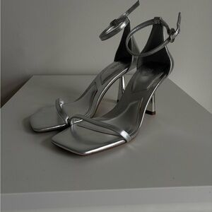 Zara Silver Metallic Ankle-Strap Heeled Sandals